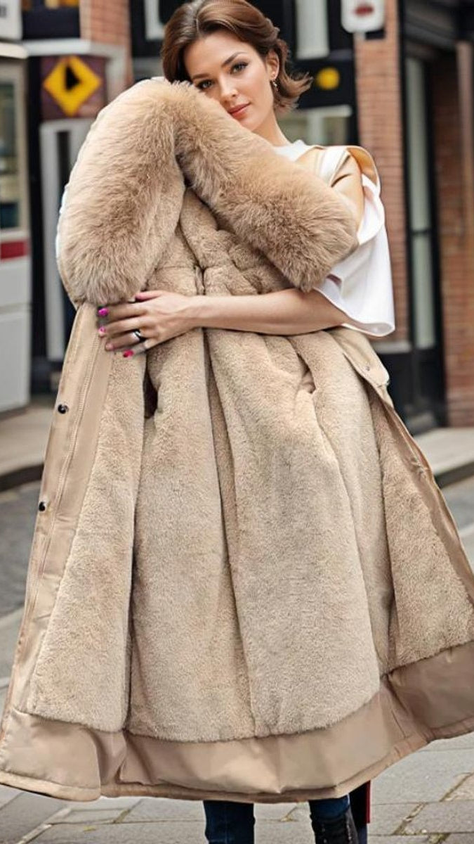 Imogen | Graceful Longline Faux Fur Coat with Hooded Parka Style