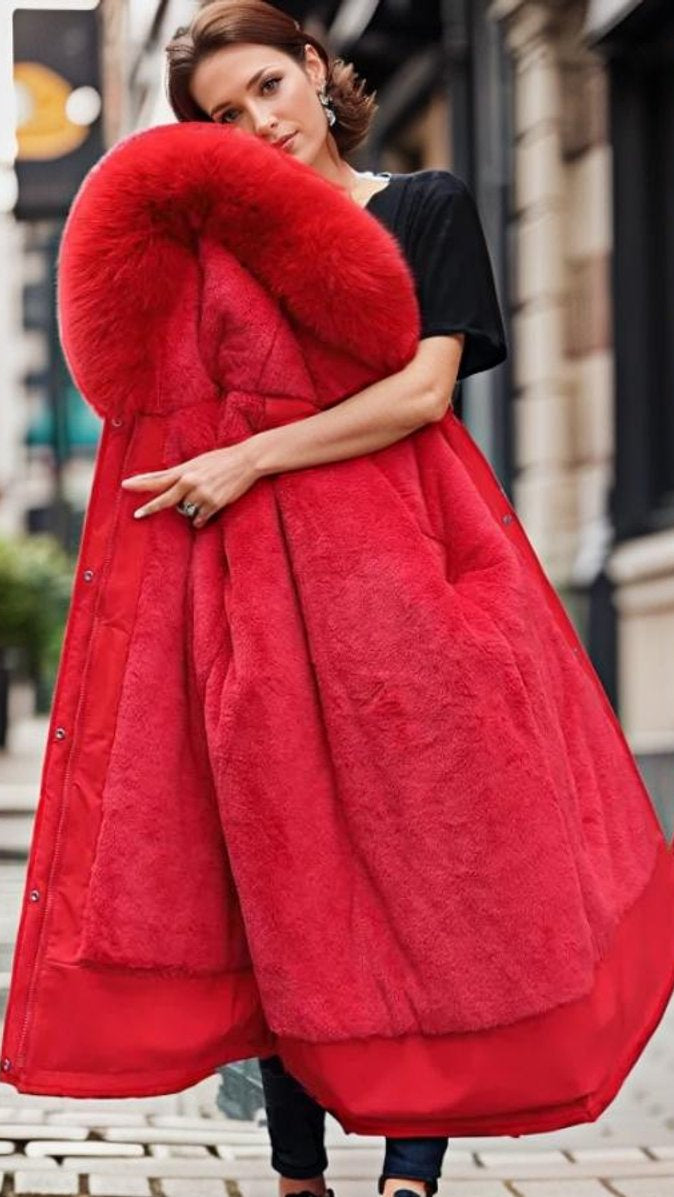 Imogen | Graceful Longline Faux Fur Coat with Hooded Parka Style