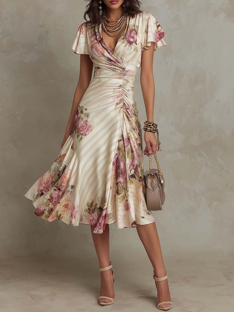 Imogen | Sophisticated Floral Wrap Midi Christmas Dress