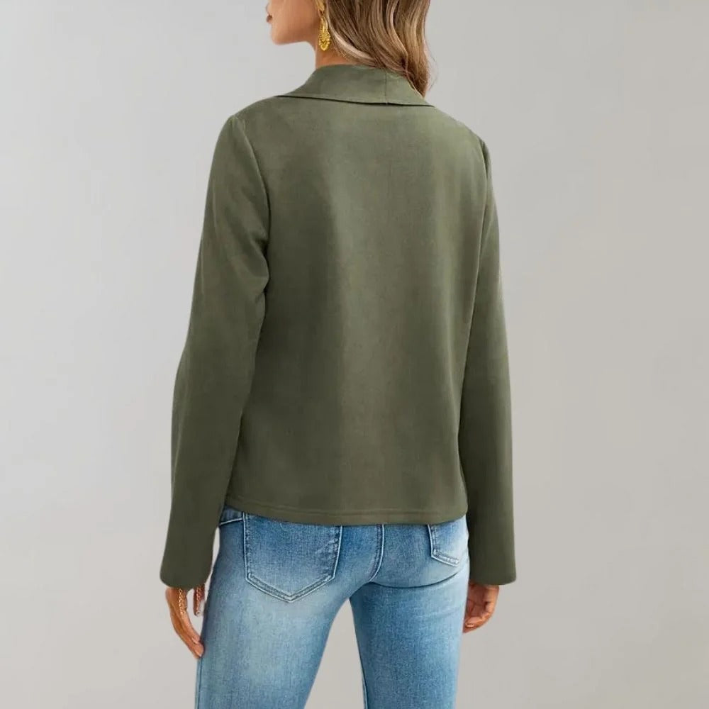 Iris | Polished Slim Fit Draped Open Front Suede Jacket