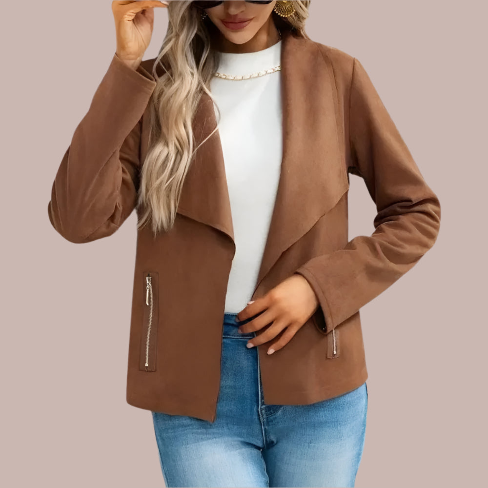 Iris | Polished Slim Fit Draped Open Front Suede Jacket