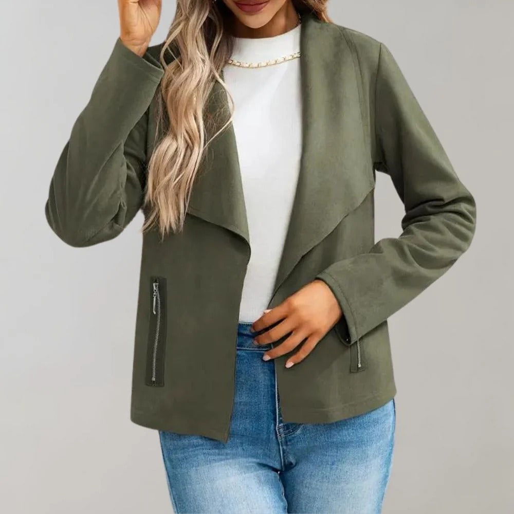 Iris | Polished Slim Fit Draped Open Front Suede Jacket