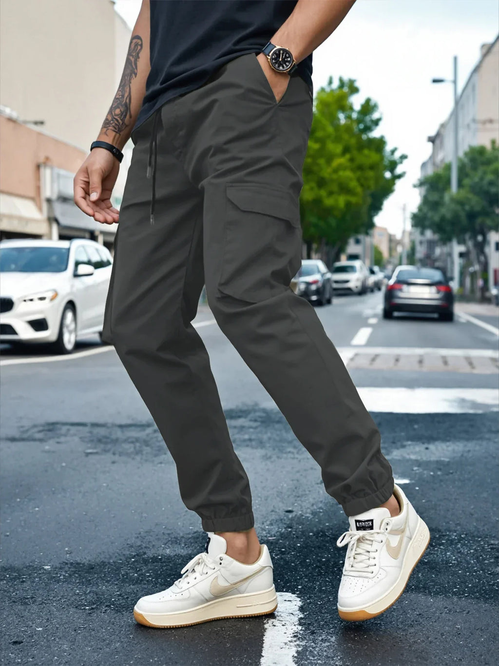 Isaac | Slim Fit Tapered Cargo Trousers with Drawstring Waist