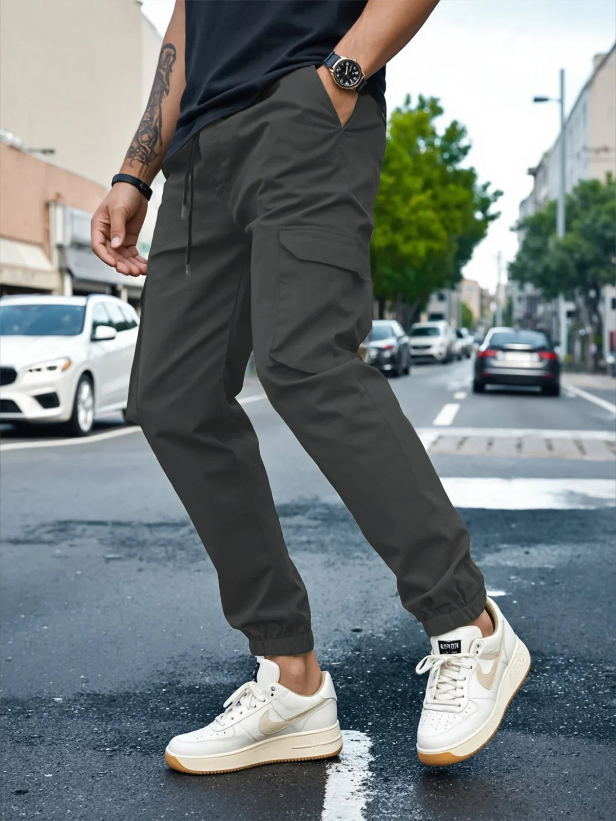 Isaac | Slim Fit Tapered Cargo Trousers with Drawstring Waist