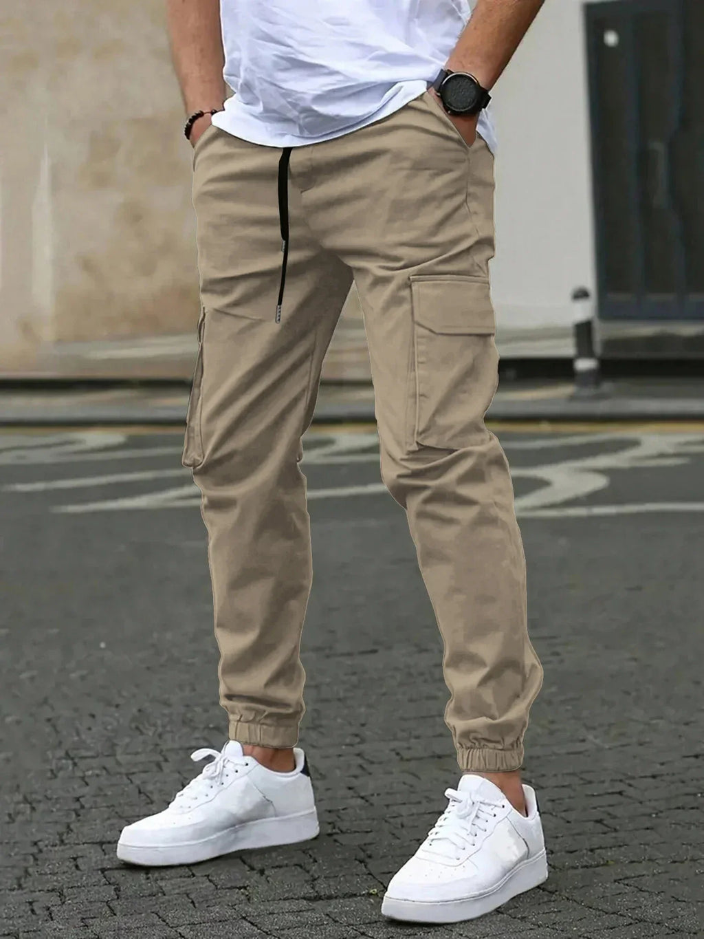 Isaac | Slim Fit Tapered Cargo Trousers with Drawstring Waist