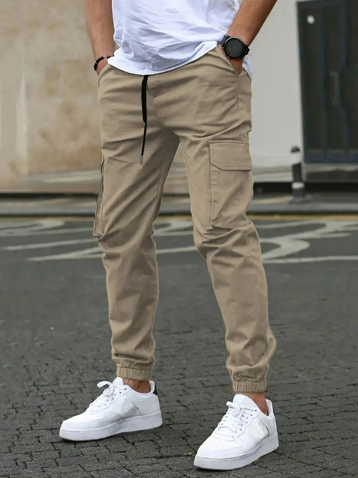Isaac | Slim Fit Tapered Cargo Trousers with Drawstring Waist