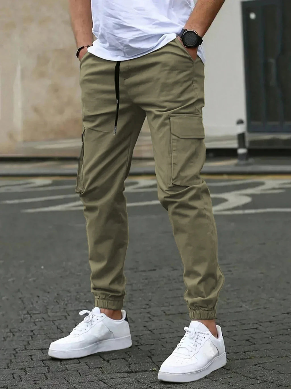 Isaac | Slim Fit Tapered Cargo Trousers with Drawstring Waist