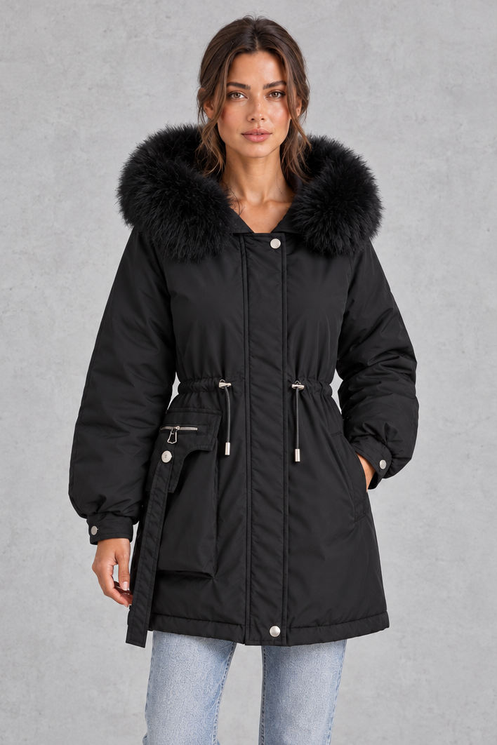Isabelle | Refined Hooded Faux Fur Coat with Drawstring Waist