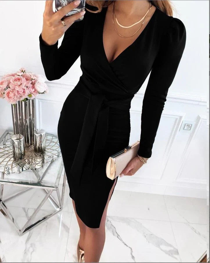 Isabelle | Sophisticated Wrap Midi Christmas Dress with Ruffle Hem