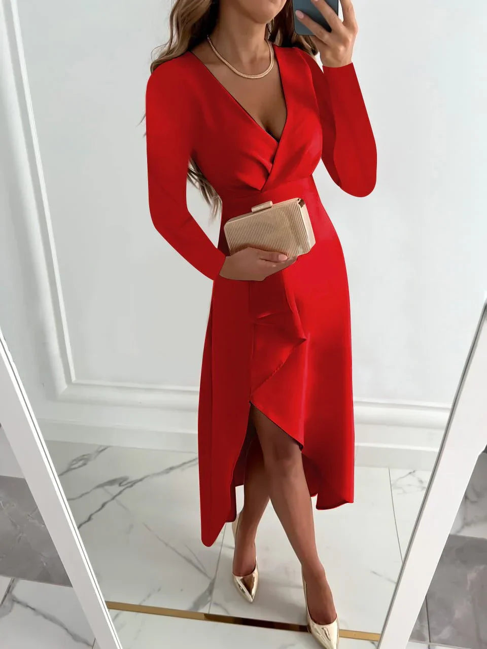 Isabelle | Sophisticated Wrap Midi Christmas Dress with Ruffle Hem