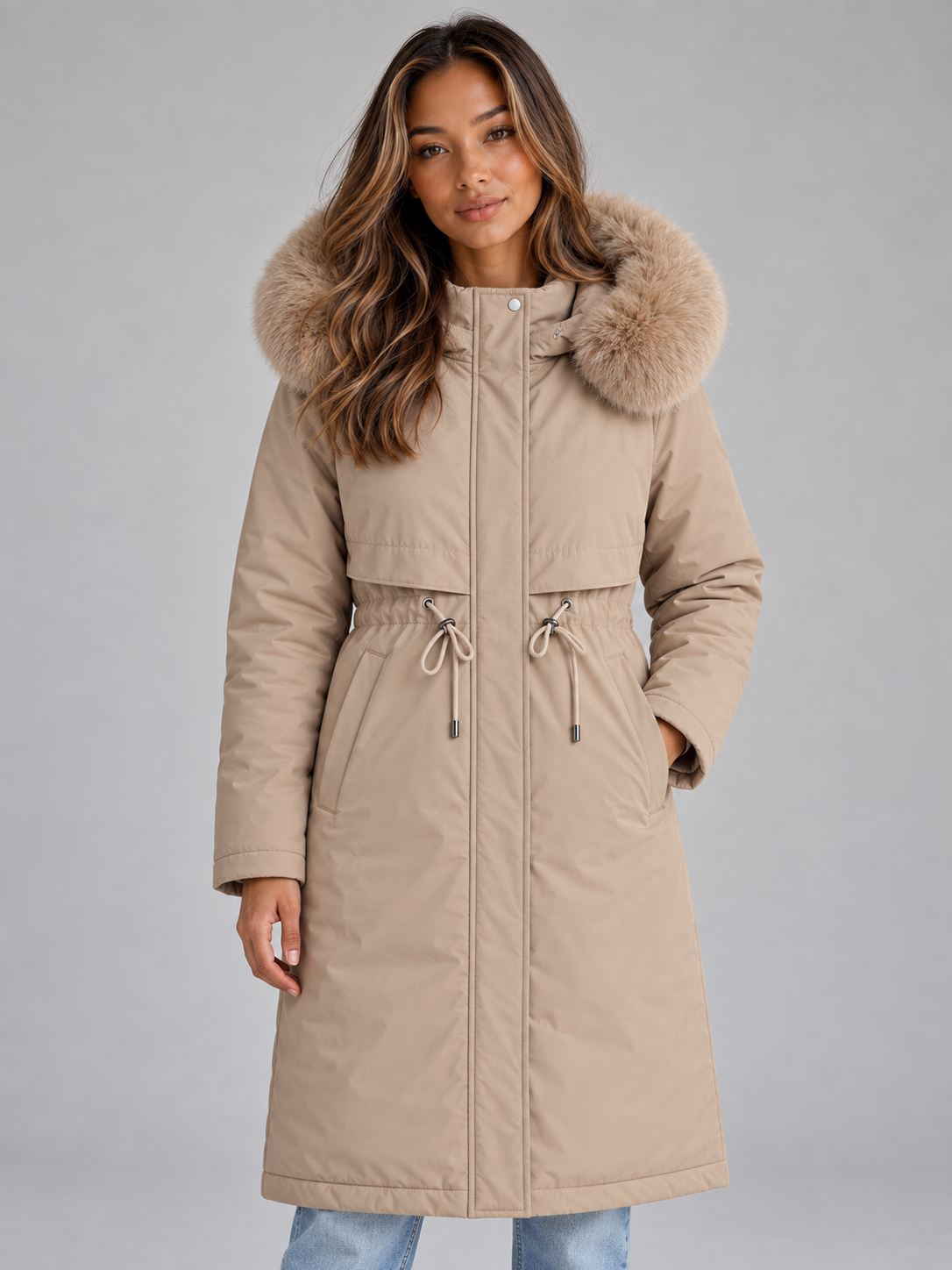 Isla | Elegant Faux Fur Coat with Hood and Drawstring Waist