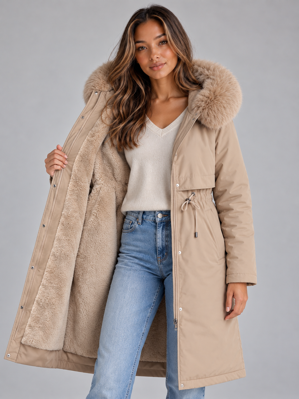 Isla | Elegant Faux Fur Coat with Hood and Drawstring Waist