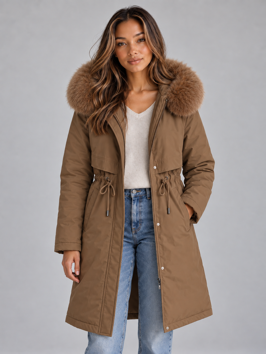 Isla | Elegant Faux Fur Coat with Hood and Drawstring Waist