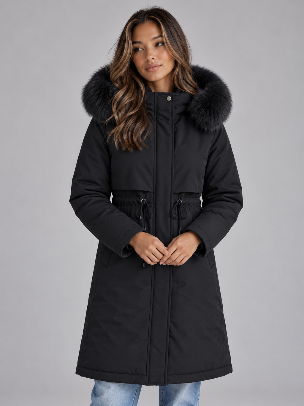 Isla | Elegant Faux Fur Coat with Hood and Drawstring Waist