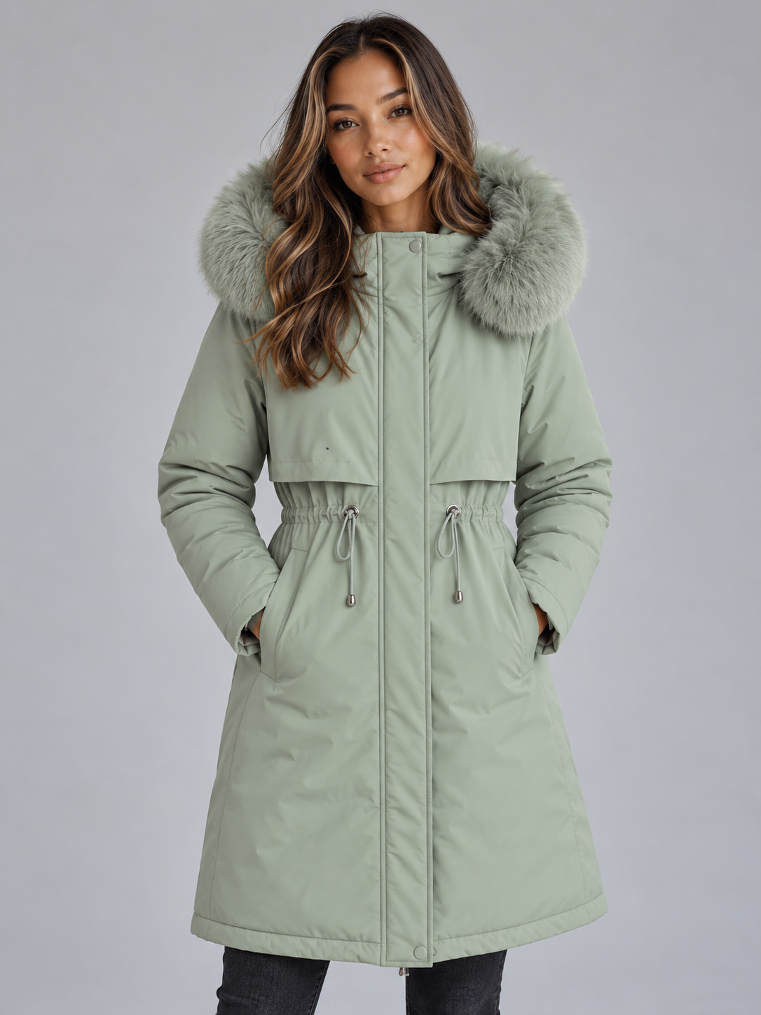 Isla | Elegant Faux Fur Coat with Hood and Drawstring Waist