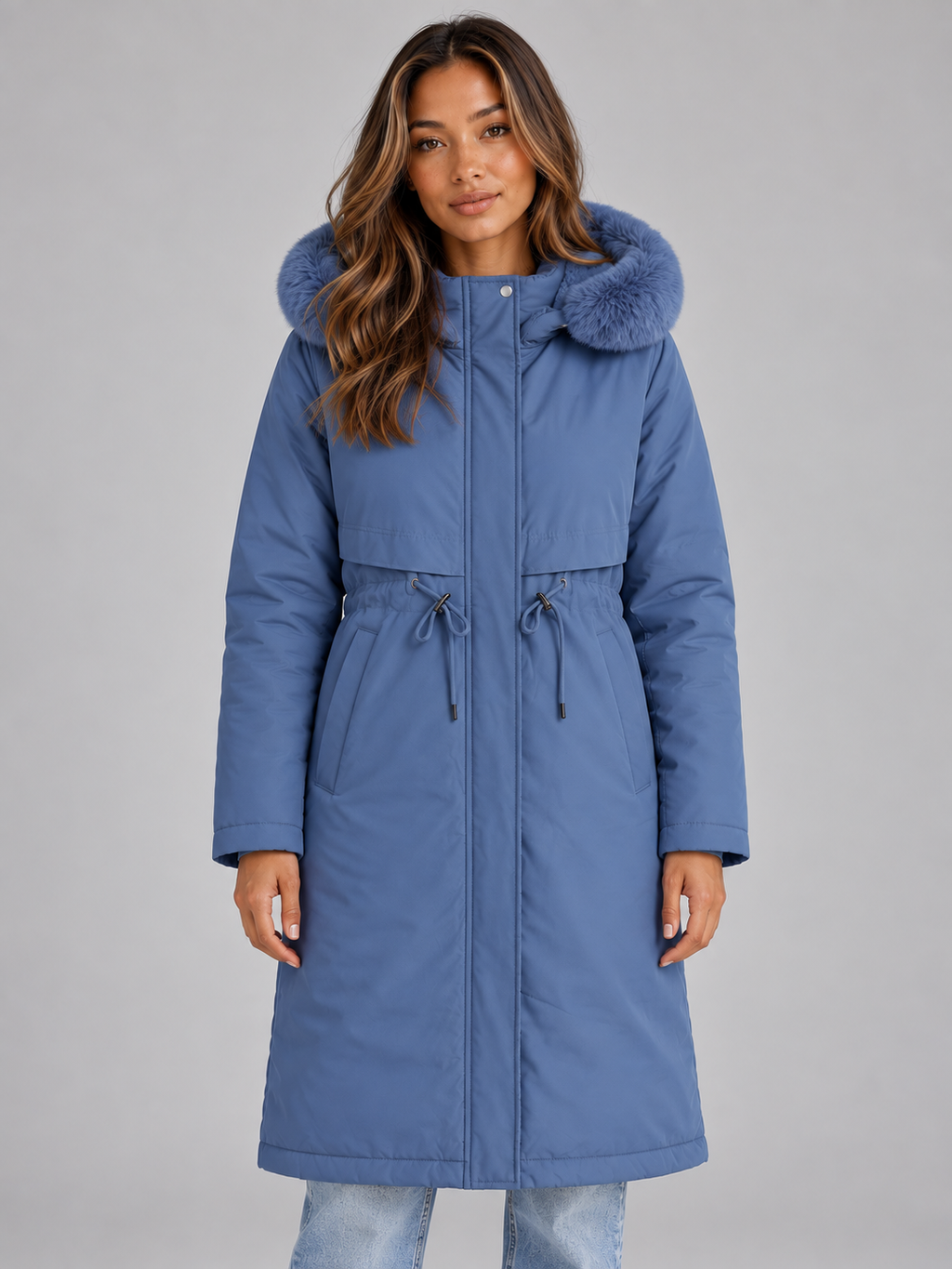 Isla | Elegant Faux Fur Coat with Hood and Drawstring Waist
