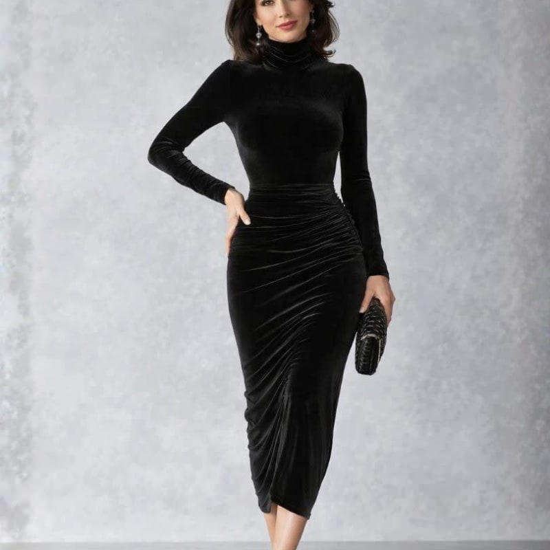 Isla | Graceful Ruched Turtleneck Christmas Dress
