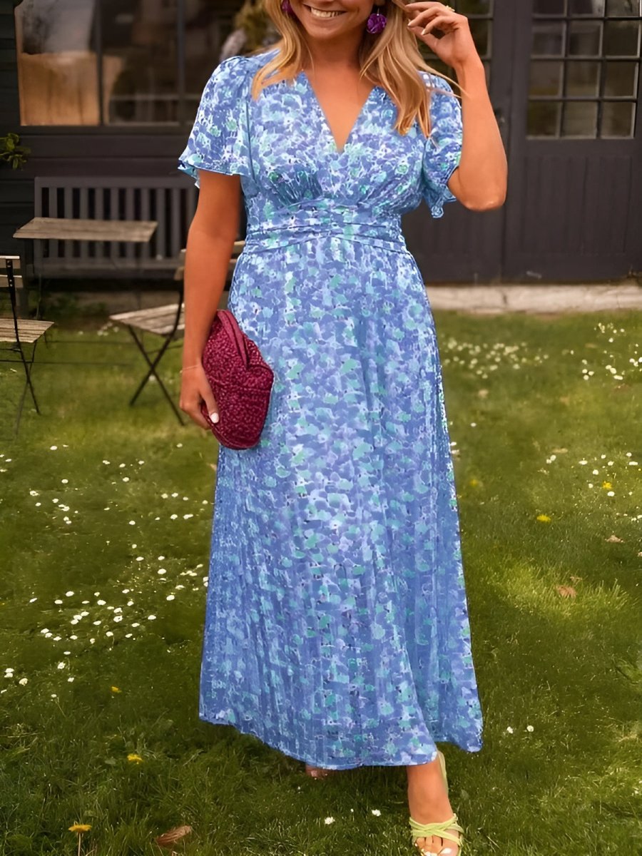 Ivy | Chic Floral Print V-Neck Maxi Cocktail Dress