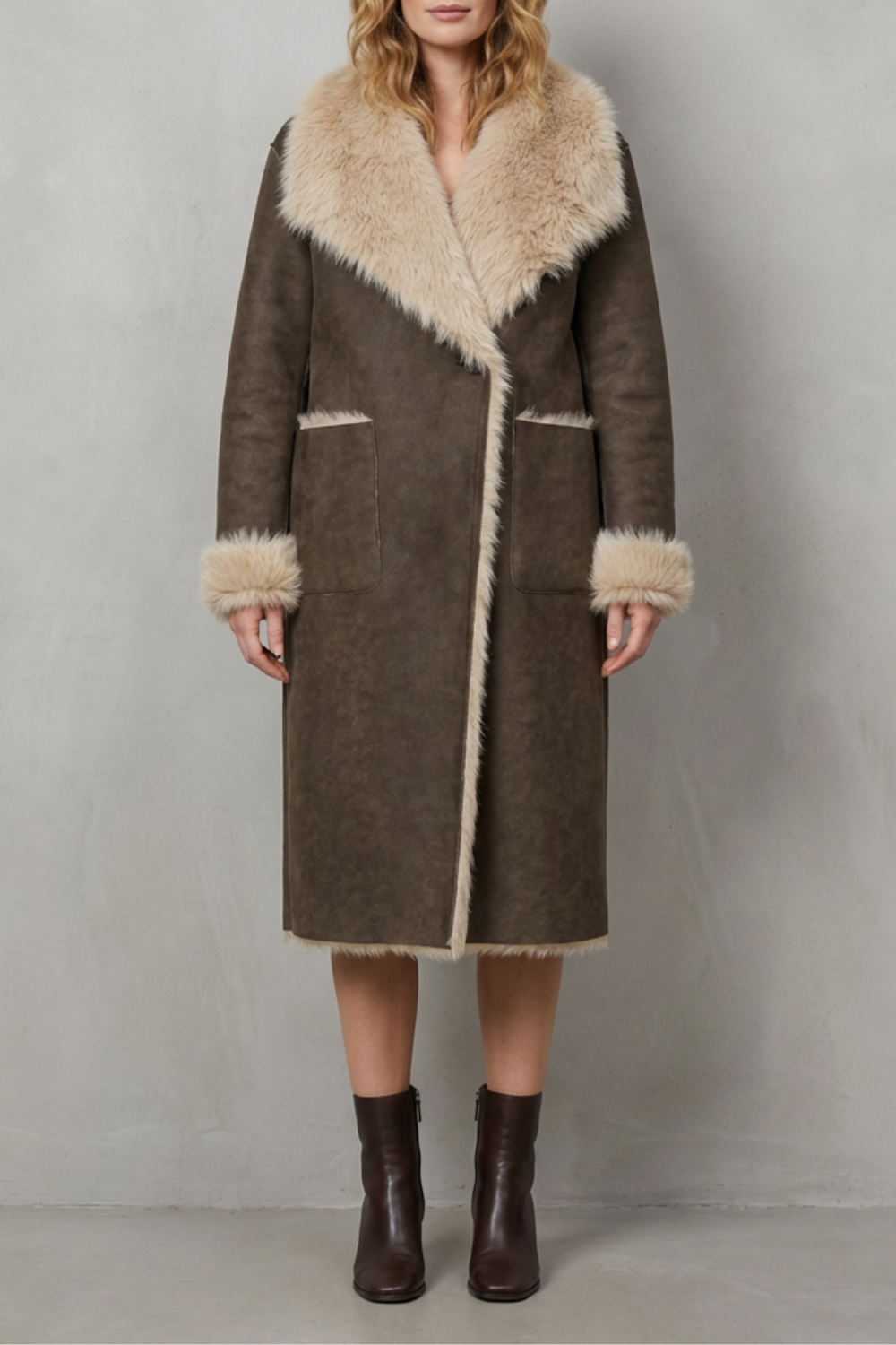 Ivy | Elegant Longline Faux Fur Coat with Shearling-Style Collar