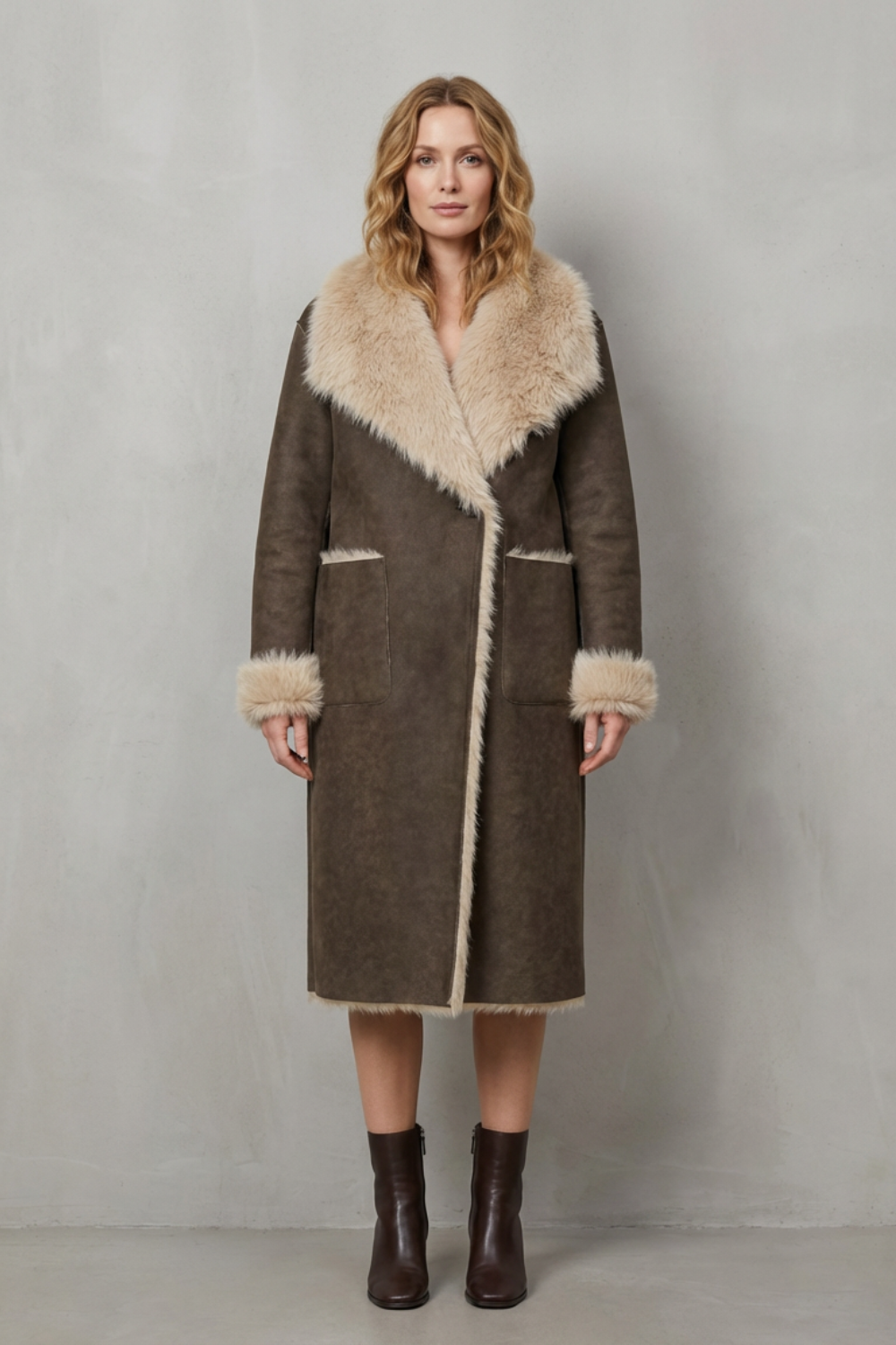 Ivy | Elegant Longline Faux Fur Coat with Shearling-Style Collar
