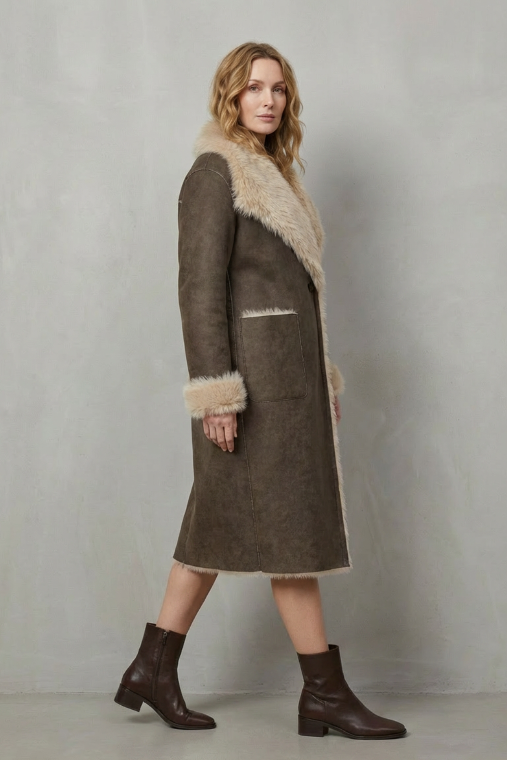 Ivy | Elegant Longline Faux Fur Coat with Shearling-Style Collar