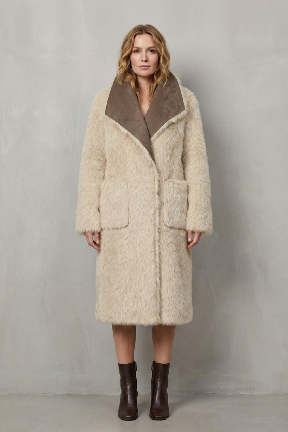 Ivy | Elegant Longline Faux Fur Coat with Shearling-Style Collar