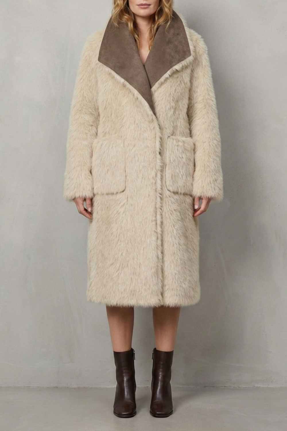 Ivy | Elegant Longline Faux Fur Coat with Shearling-Style Collar