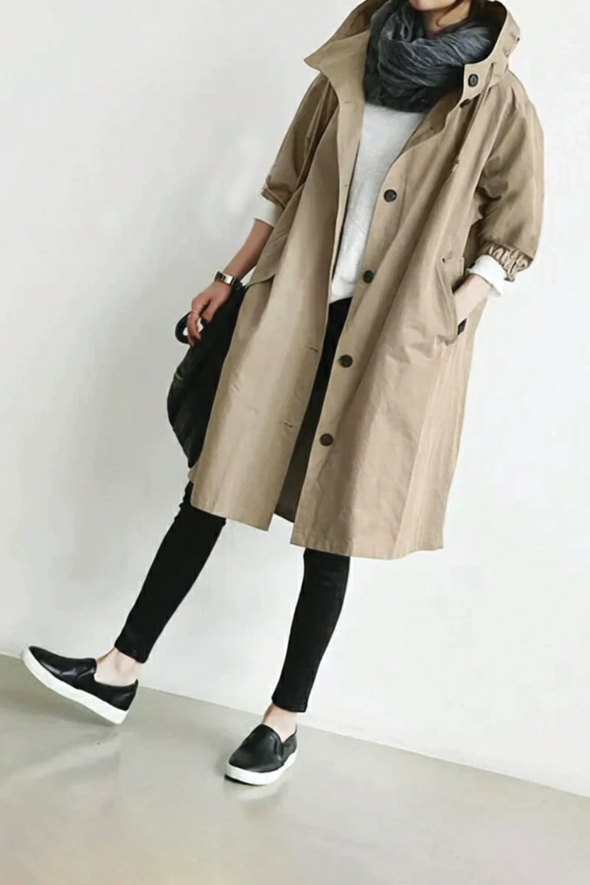 Jessica | Relaxed Hooded Trench Coat with Puff Sleeves