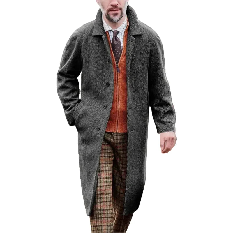 Kai | Timeless Herringbone Tailored Long Mens Coats