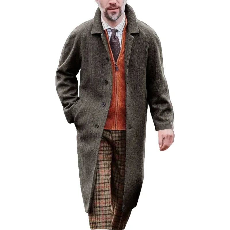 Kai | Timeless Herringbone Tailored Long Mens Coats