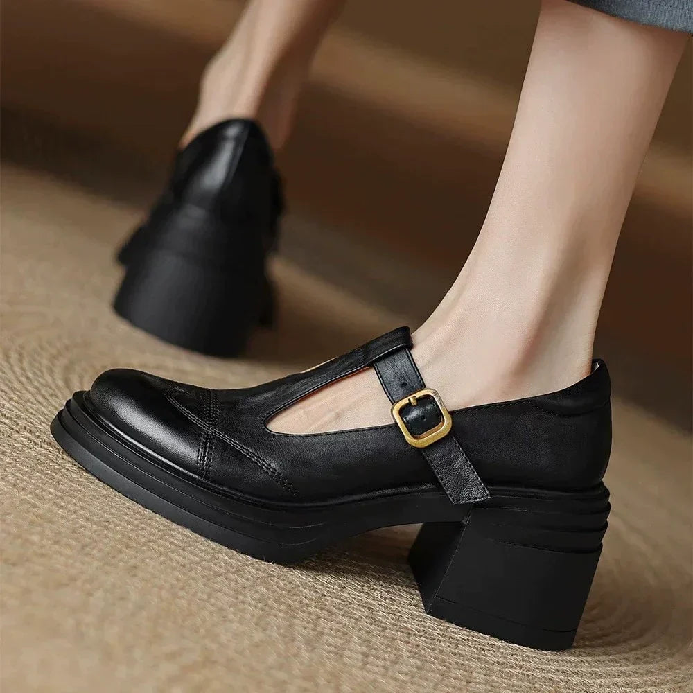 Lottie | Polished T-Strap Mary Jane Block Heel Shoes