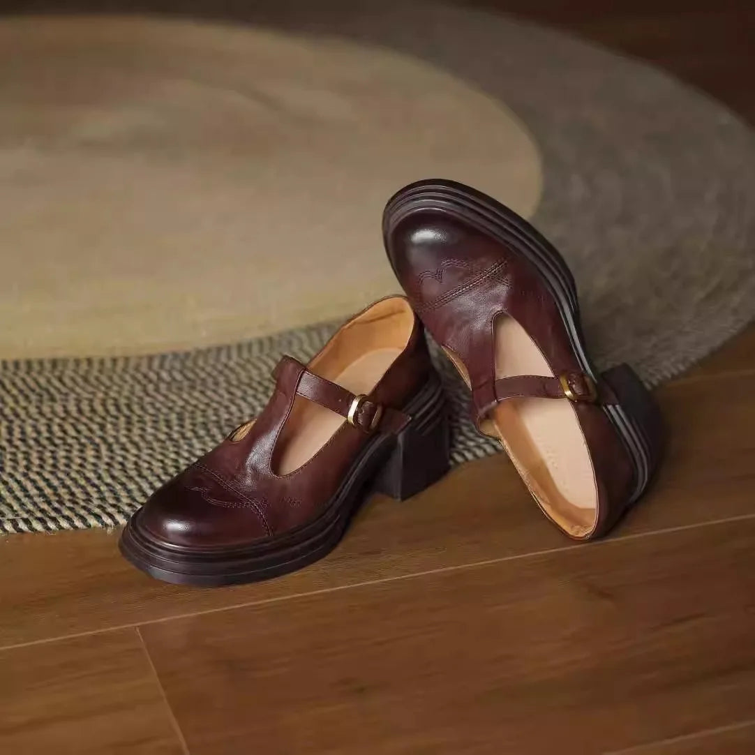 Lottie | Polished T-Strap Mary Jane Block Heel Shoes