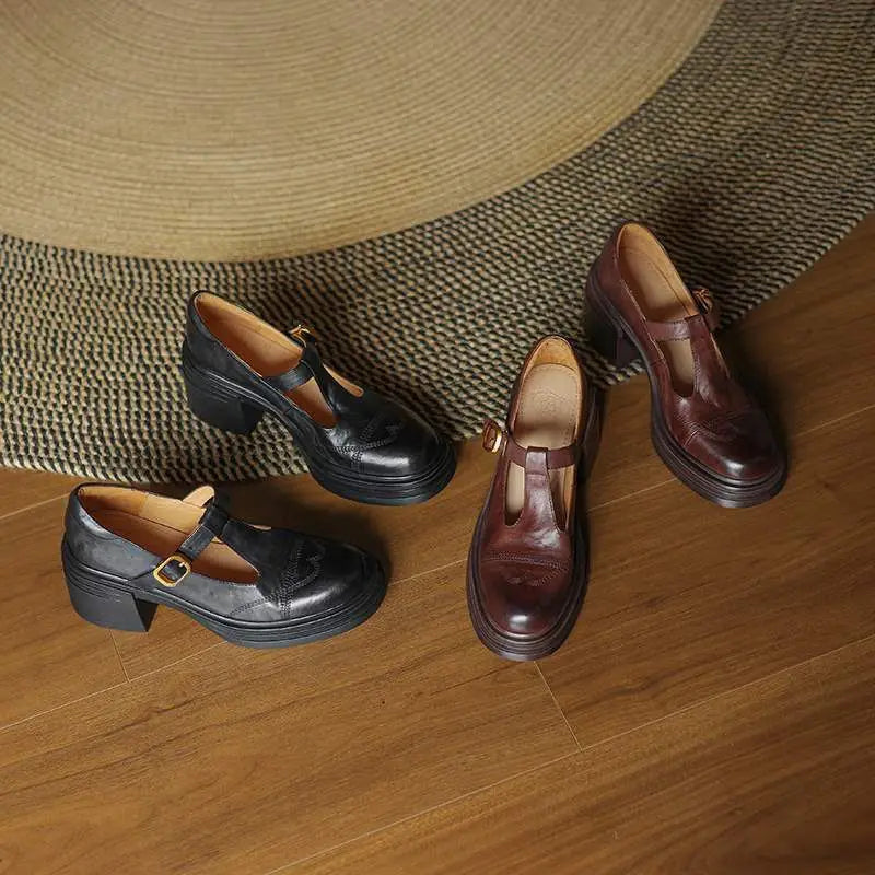 Lottie | Polished T-Strap Mary Jane Block Heel Shoes