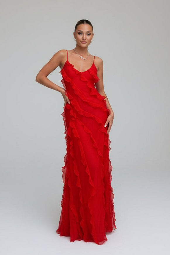 Luna | Elegant Ruffle Christmas Party Maxi Dress
