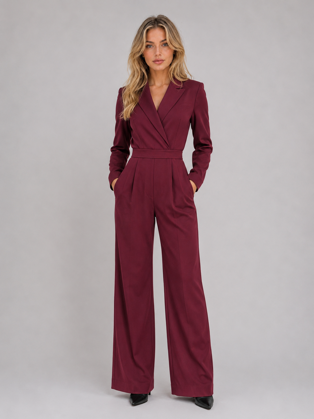 Lyla | Graceful Wrap Front Tailored Wide Leg Jumpsuits