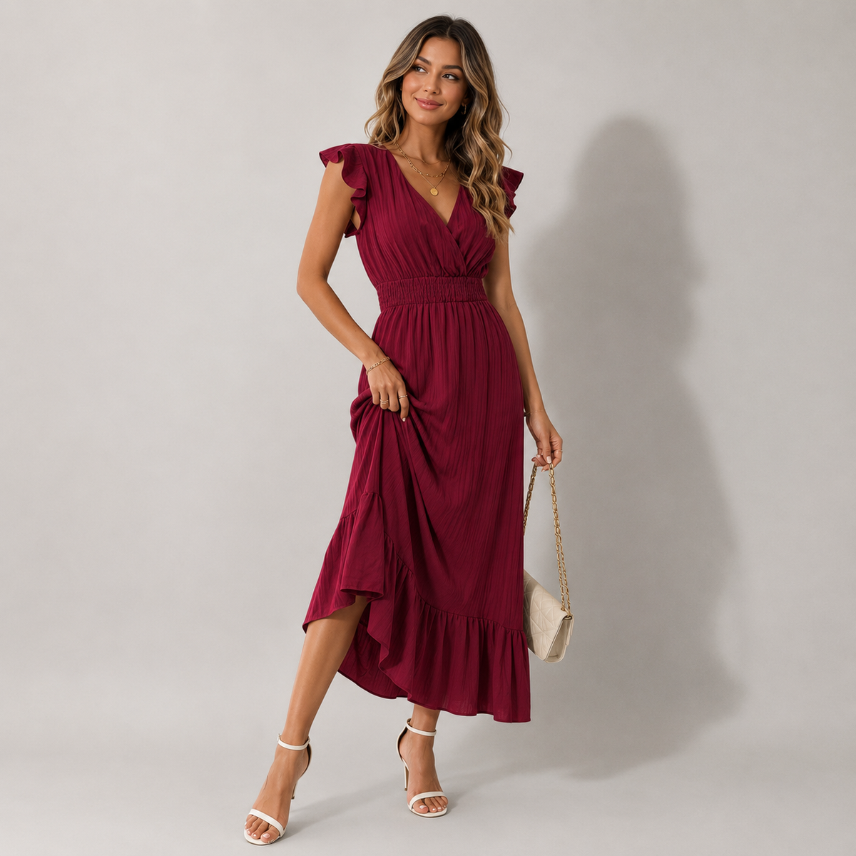 Lyra | Effortless Ruffle Sleeve Christmas Dress with Flowing Maxi Skirt