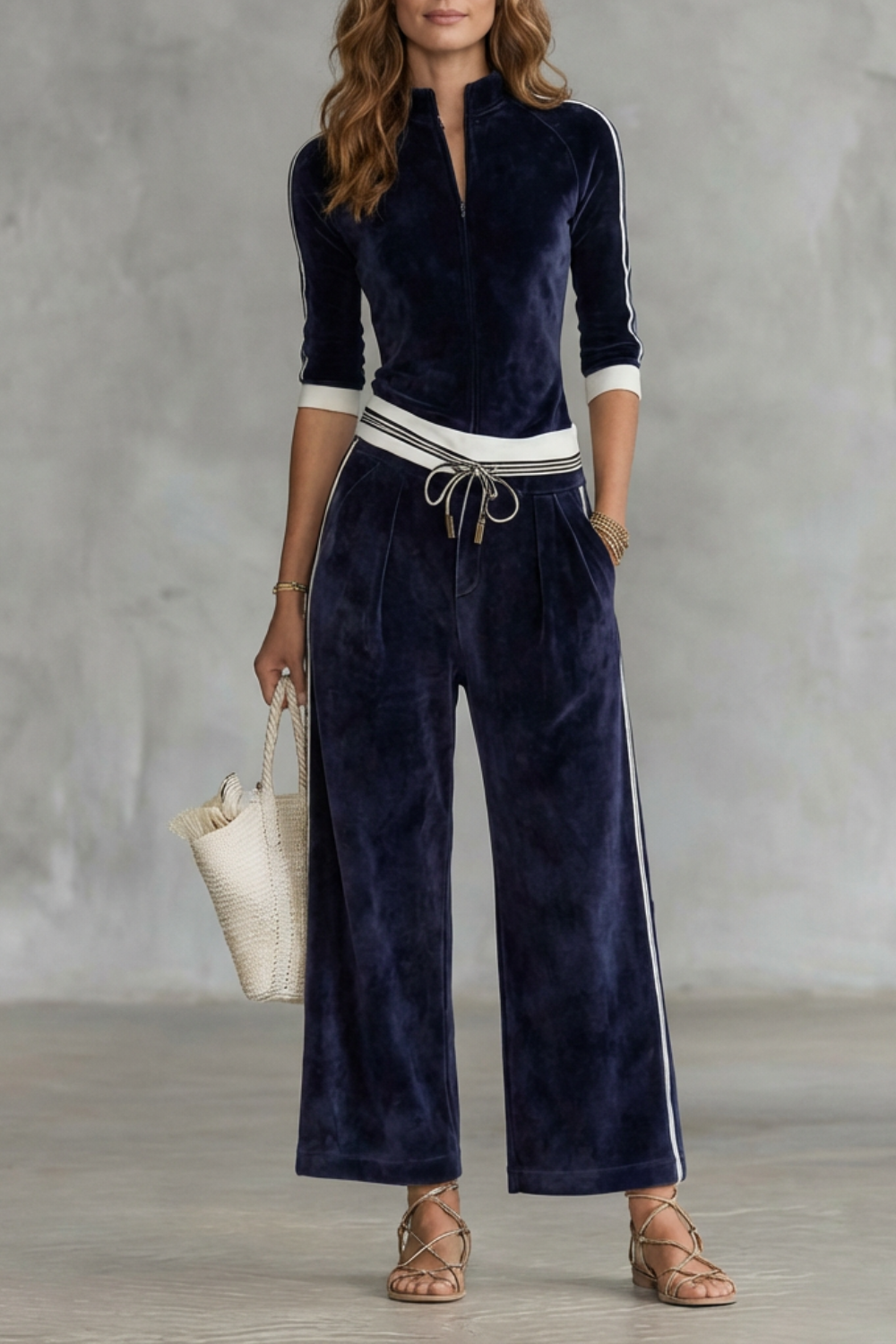 Maisie | Chic Velour Zip-Up Tracksuit with Wide Leg Trousers