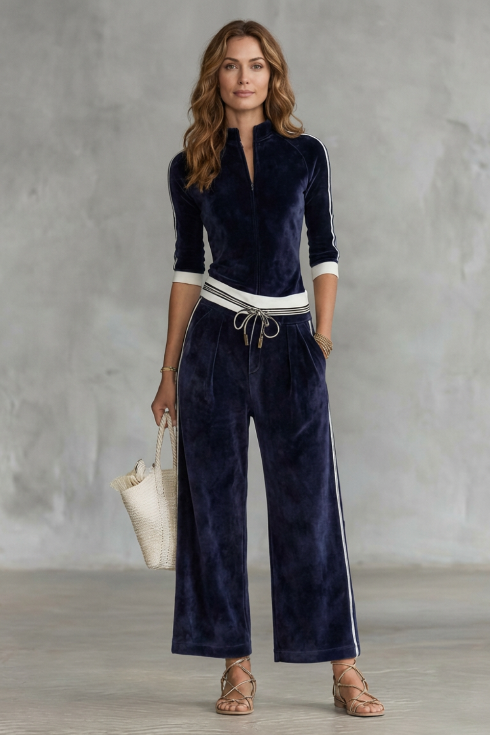 Maisie | Chic Velour Zip-Up Tracksuit with Wide Leg Trousers