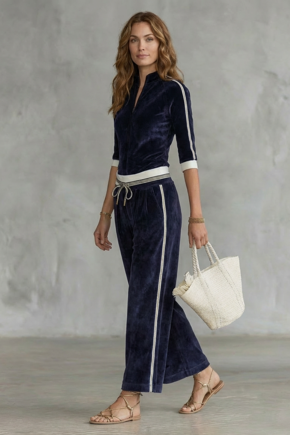 Maisie | Chic Velour Zip-Up Tracksuit with Wide Leg Trousers