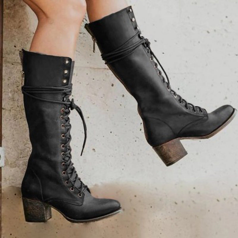Maisie | Refined Lace-Up Knee High Boots with Block Heel