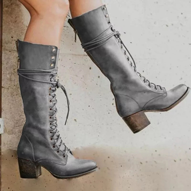 Maisie | Refined Lace-Up Knee High Boots with Block Heel