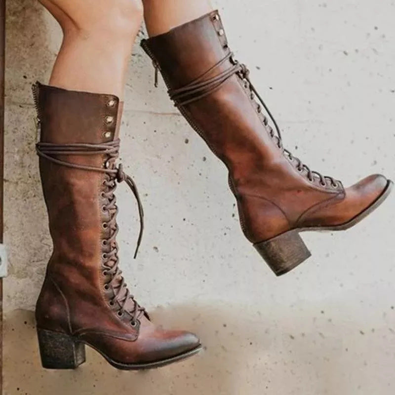 Maisie | Refined Lace-Up Knee High Boots with Block Heel