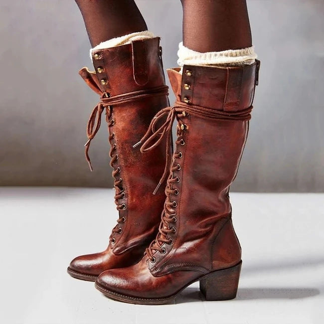 Maisie | Refined Lace-Up Knee High Boots with Block Heel