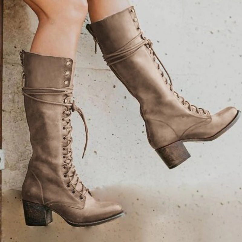 Maisie | Refined Lace-Up Knee High Boots with Block Heel