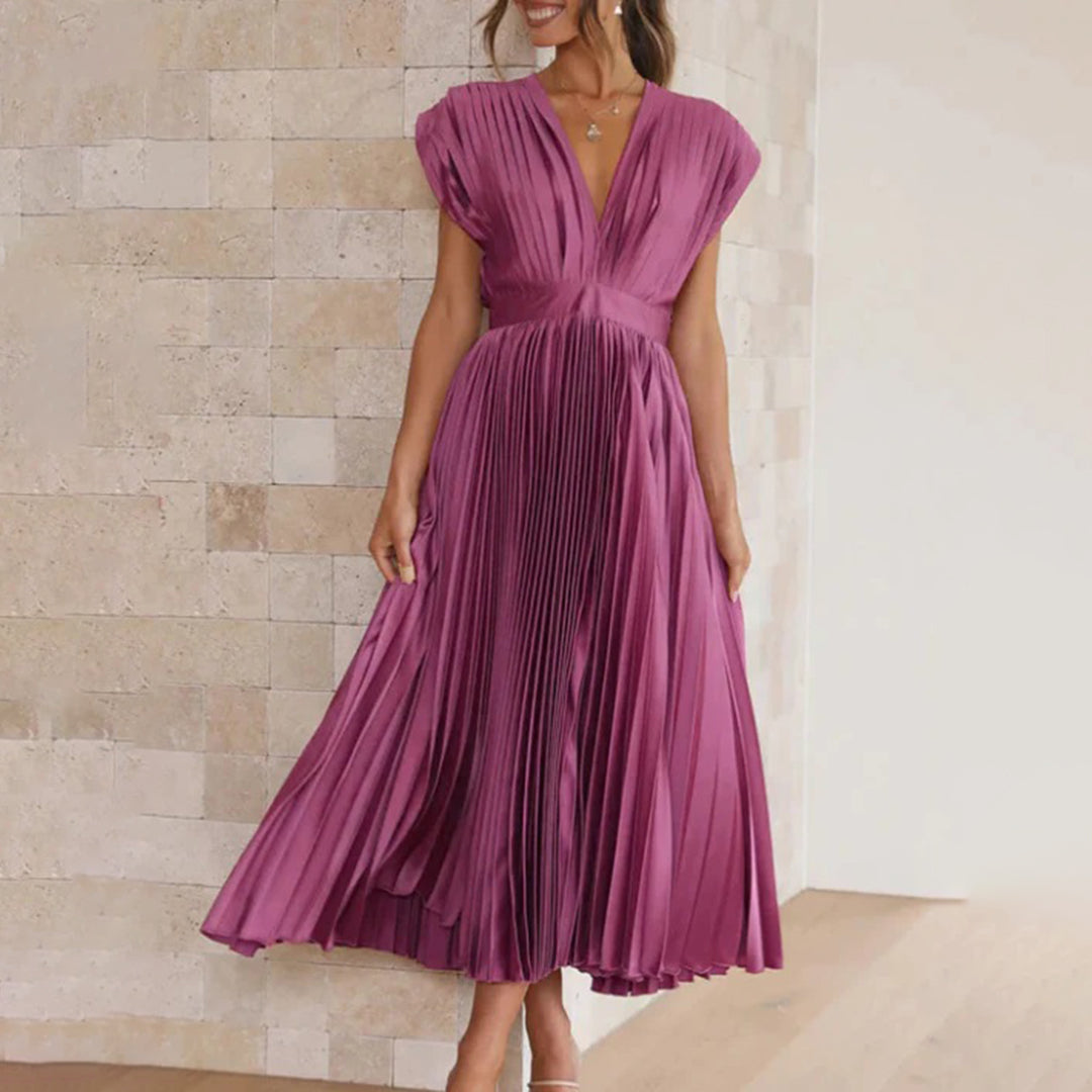 Margot | Graceful Pleated V-Neck Maxi Christmas Dress