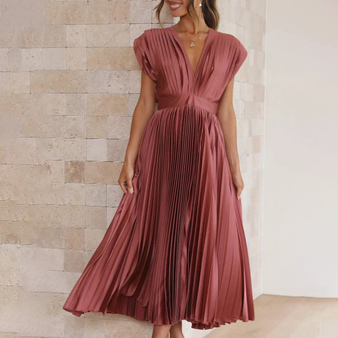Margot | Graceful Pleated V-Neck Maxi Christmas Dress