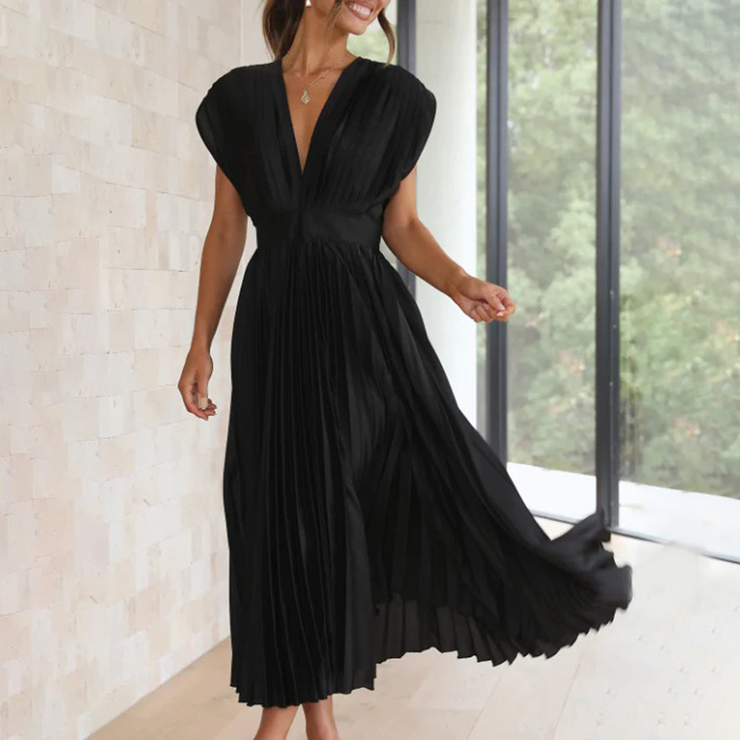 Margot | Graceful Pleated V-Neck Maxi Christmas Dress
