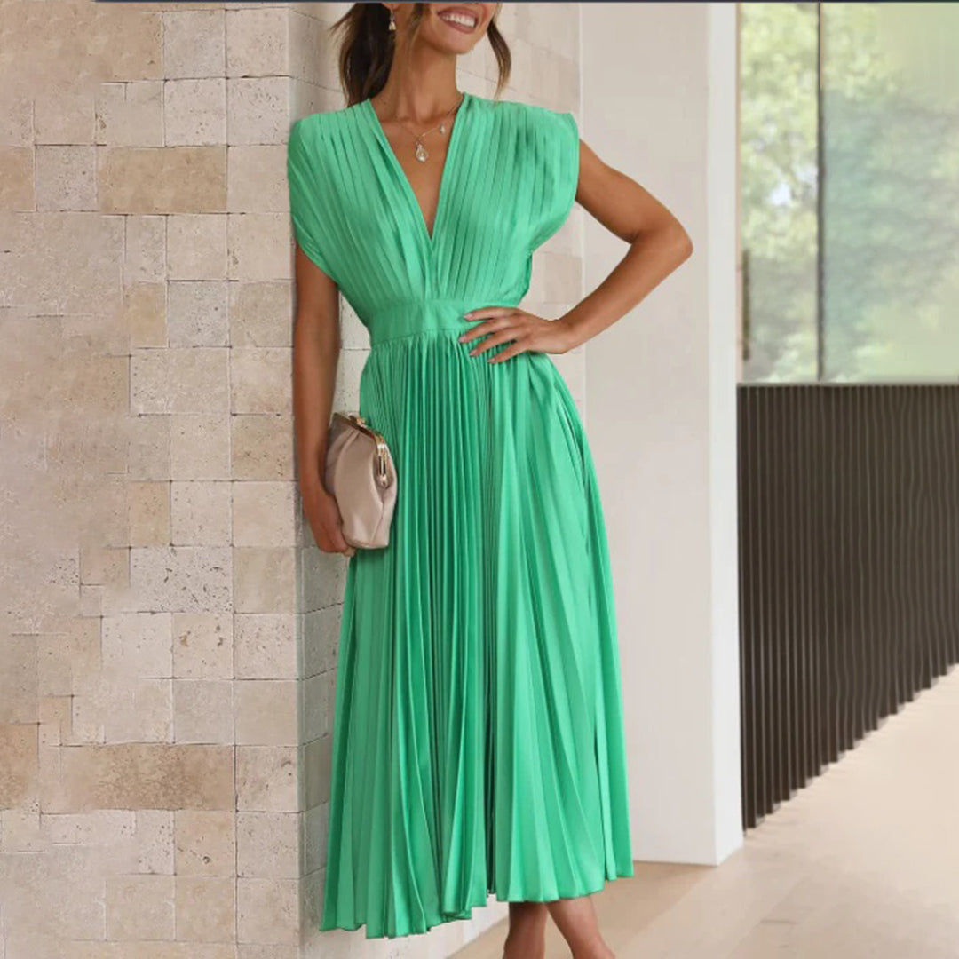 Margot | Graceful Pleated V-Neck Maxi Christmas Dress