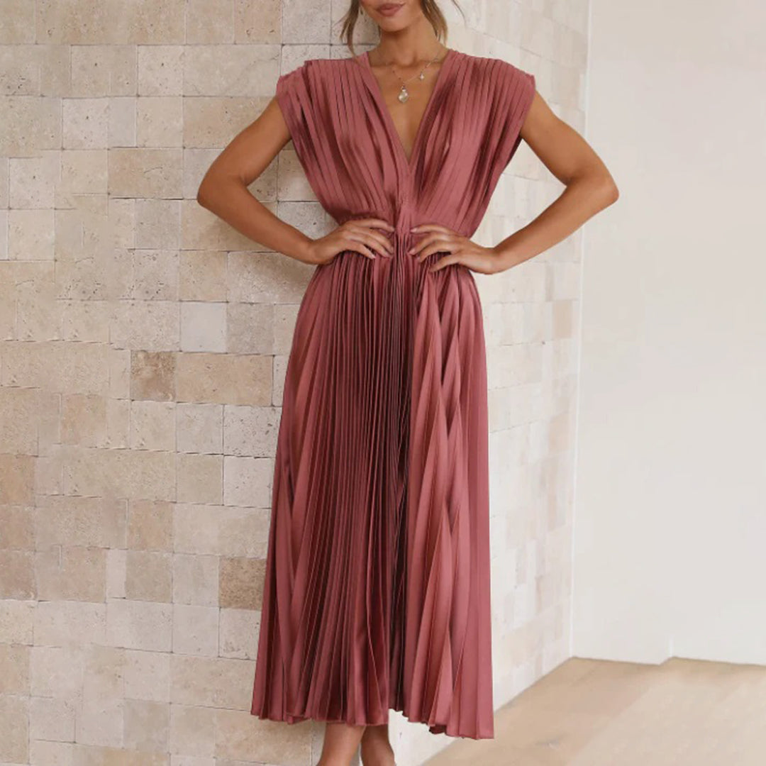 Margot | Graceful Pleated V-Neck Maxi Christmas Dress
