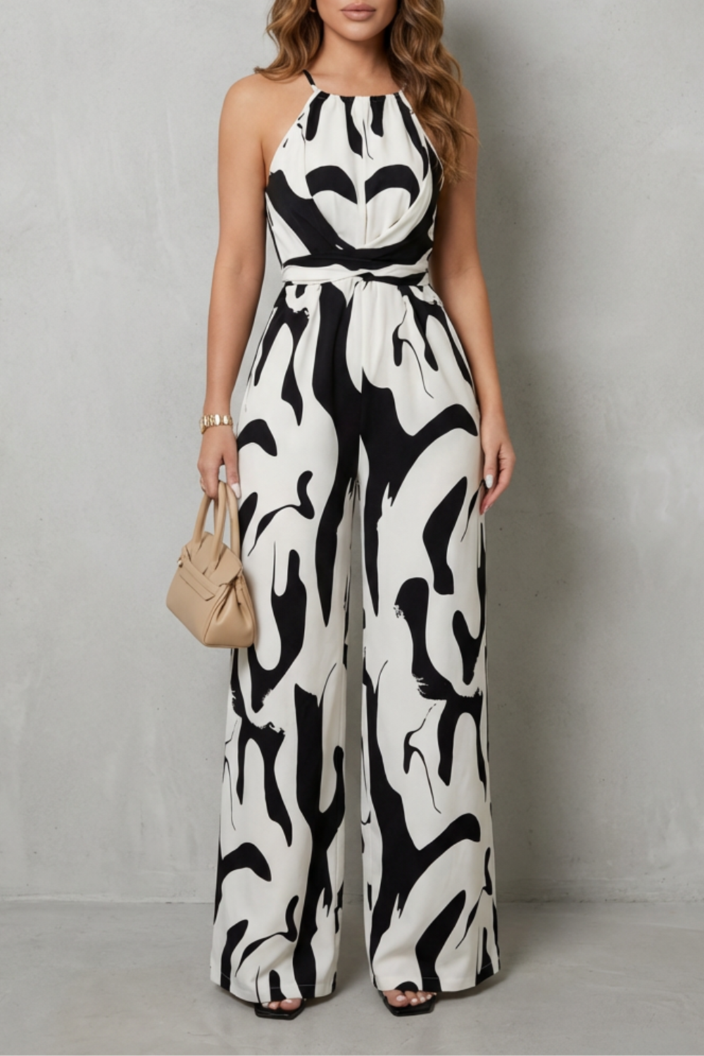 Maya | Elegant Abstract Print Halter Wide Leg Jumpsuit